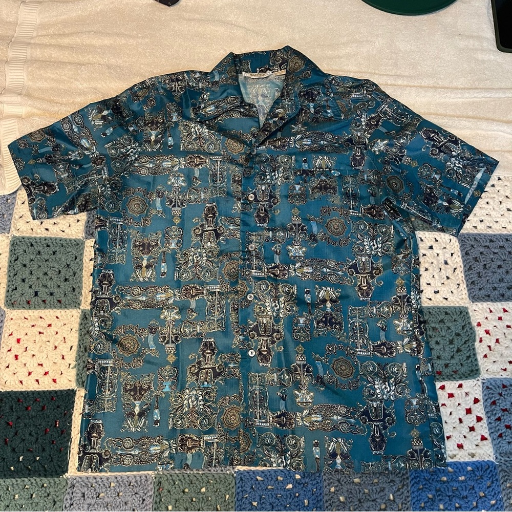 Vintage 70s Malihini Hawaii Men’s Aloha Shirt Blue Floral Baroque Print Medium